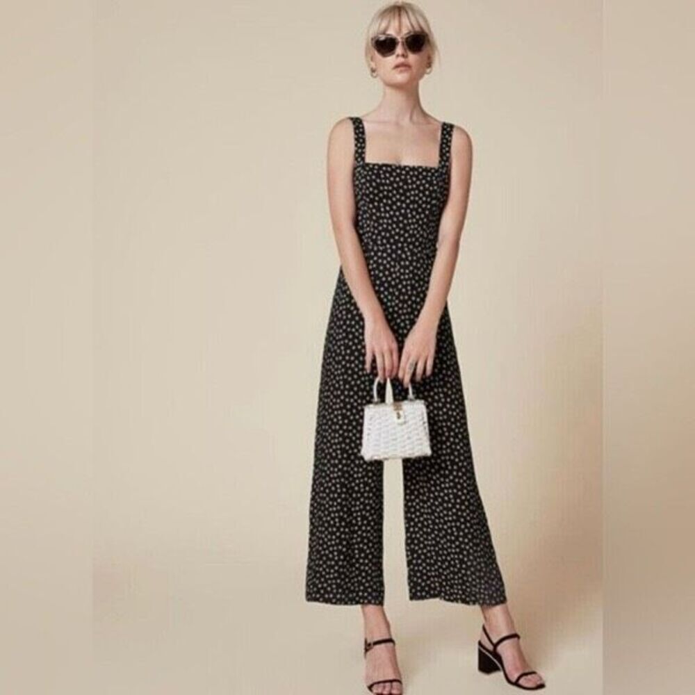Reformation Ditzy Micro Floral Black Wide Leg Sleeveless Jumpsuit Size XS
